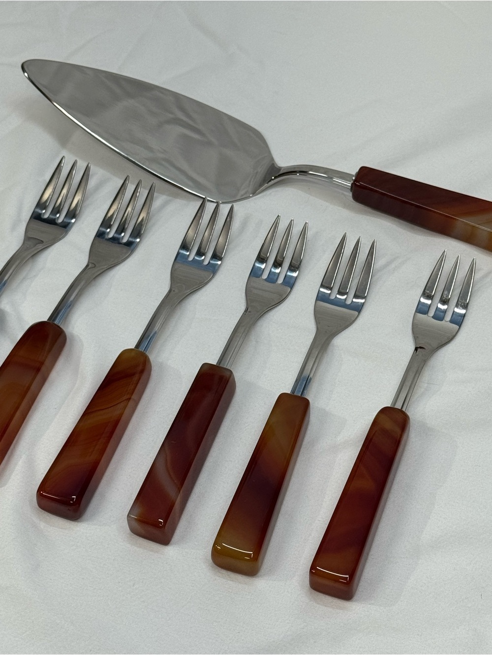 Rare Vintage Red Agate Dessert Forks Cake Server Set, Gift, MCM, South American